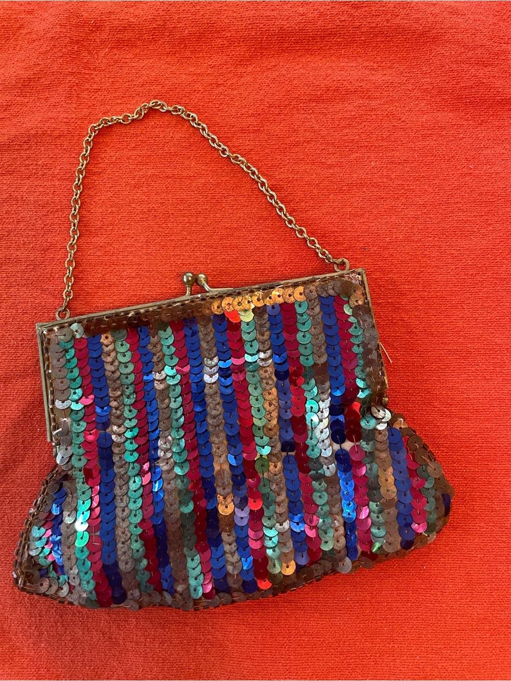 Sequin Stripe Vintage Evening Clutch - Multicolor With Gold Frame & Chain